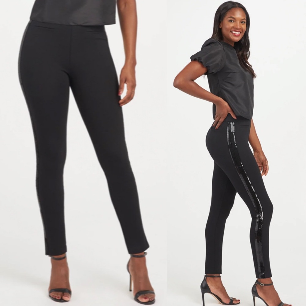 SPANX The Perfect Pant Ankle Sequin Tuxedo Skinny Black Size Small Petite